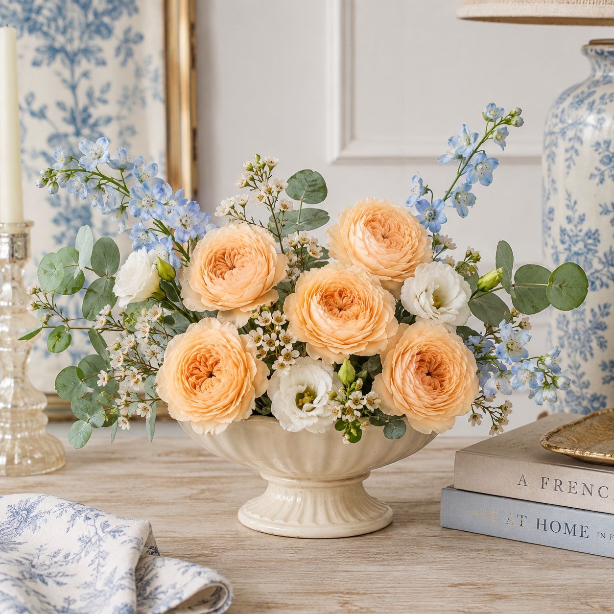A floral arrangement in a cream pedestal bowl on a wooden table, featuring peach roses, white lisianthus, blue stock, and eucalyptus, styled with books, a blue-and-white vase, and a candle in a bright indoor setting.
