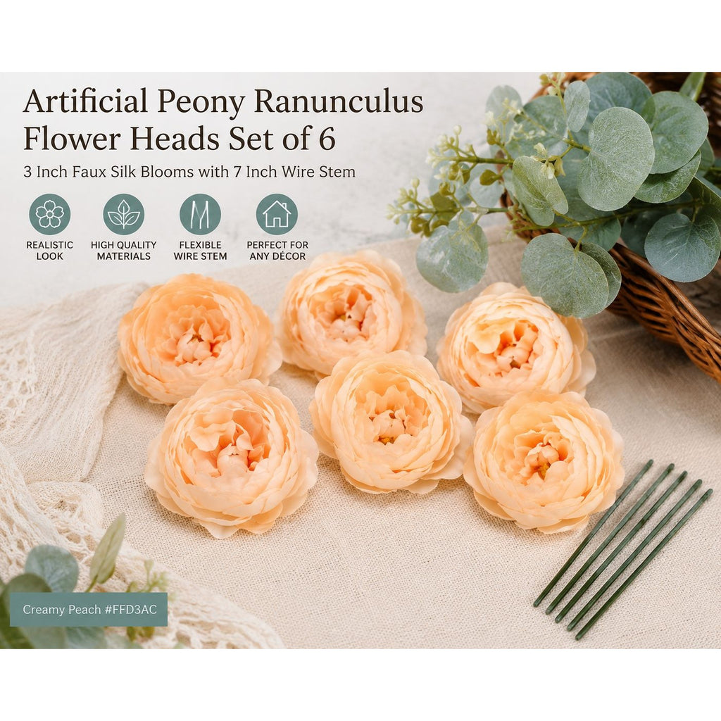 Six artificial peony ranunculus flower heads in creamy peach are displayed on a beige fabric surface with green eucalyptus leaves and a basket in the background. Text at the top reads 'Artificial Peony Ranunculus Flower Heads Set of 6' with additional product details and a color label 'Creamy Peach #FDD0AC'.