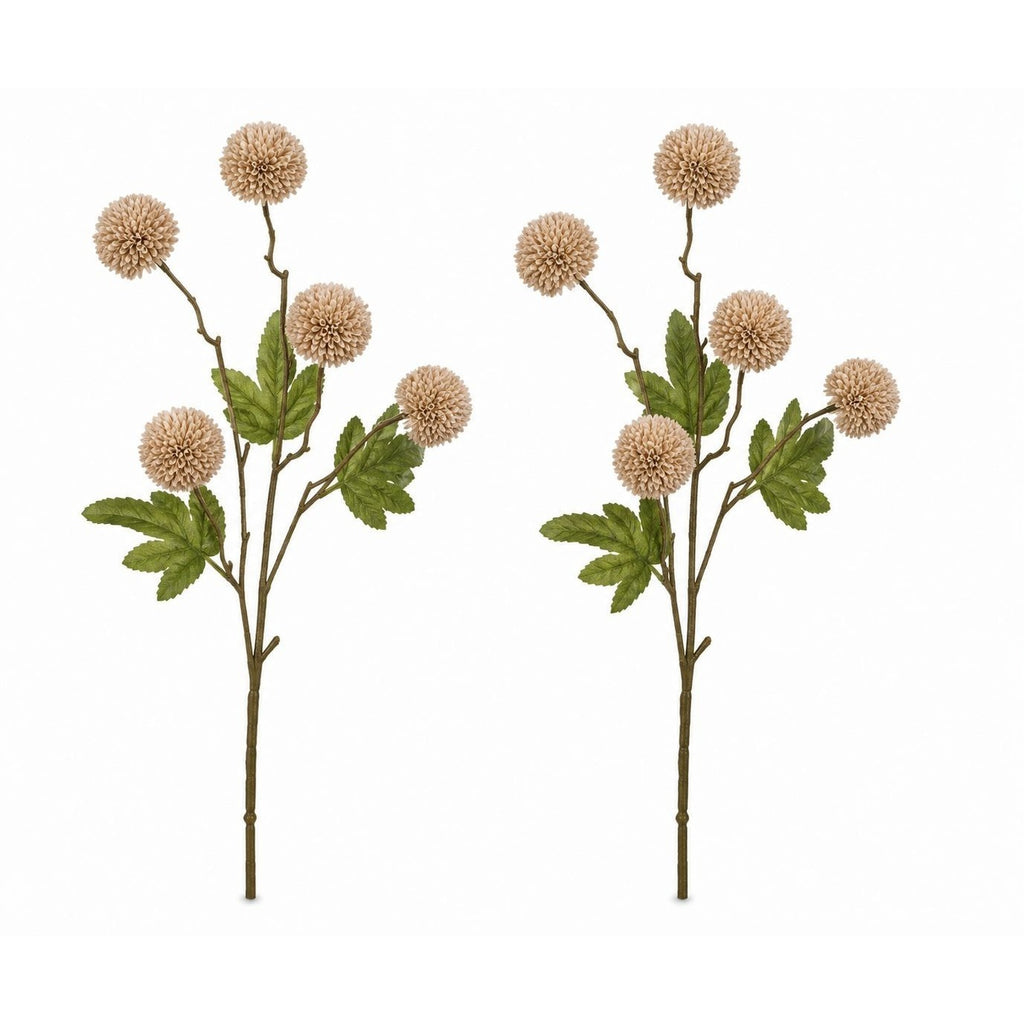 Warm Taupe Beige Pom Pom Chrysanthemum Stems Set of 2, 20 Inch Artificial Silk Flowers for Floral Arrangements