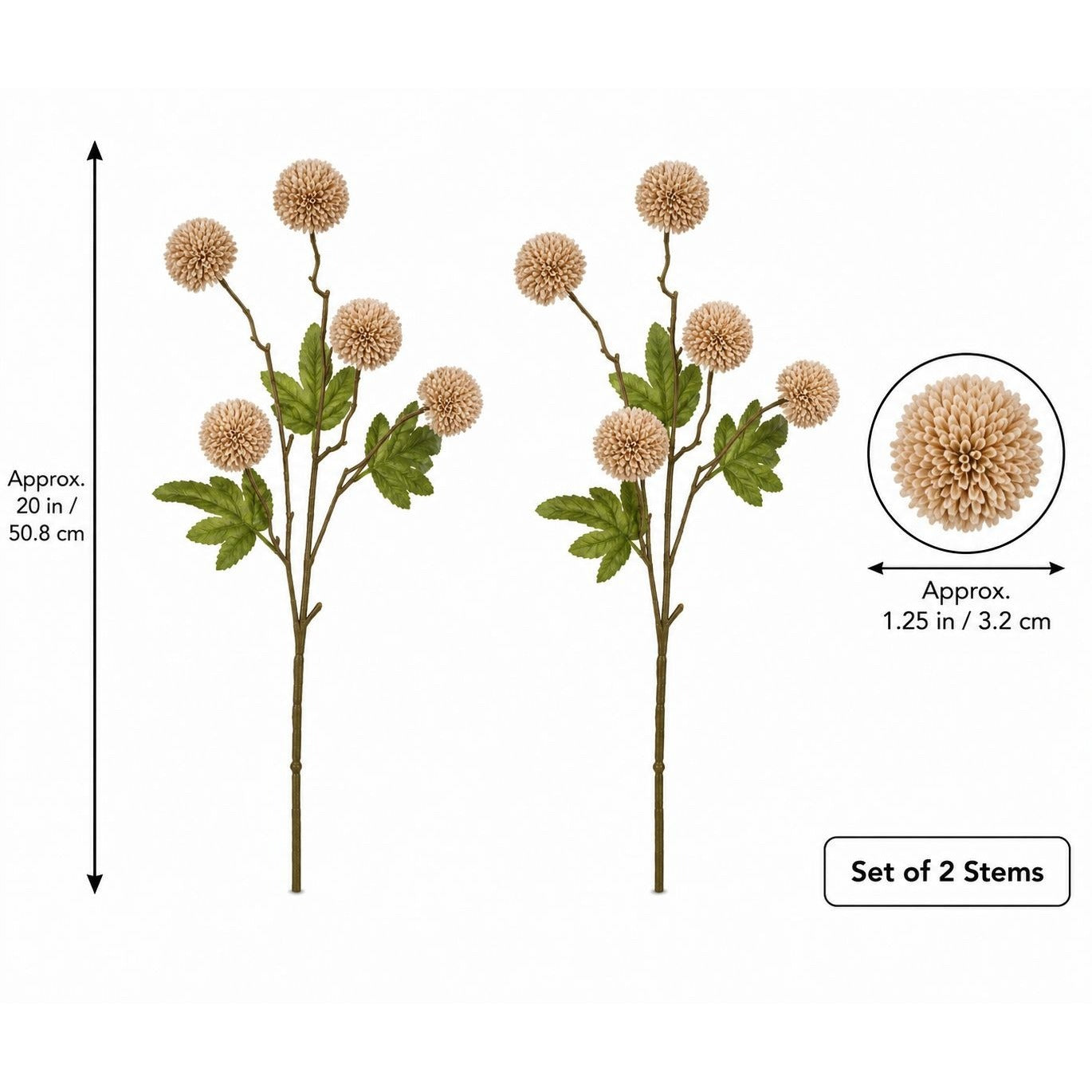 Warm Taupe Beige Pom Pom Chrysanthemum Stems Set of 2, 20 Inch Artificial Silk Flowers for Floral Arrangements