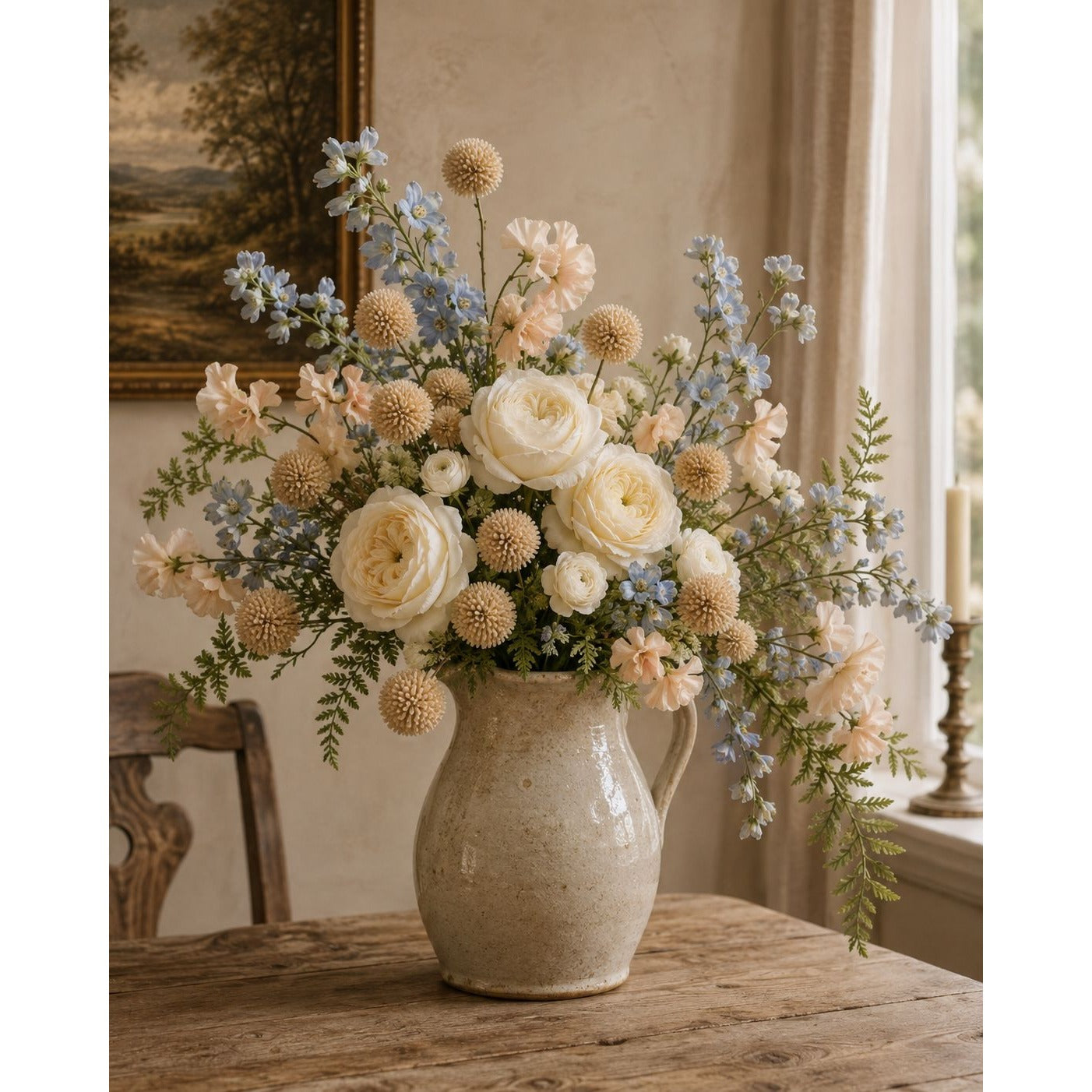 Warm Taupe Beige Pom Pom Chrysanthemum Stems Set of 2, 20 Inch Artificial Silk Flowers for Floral Arrangements