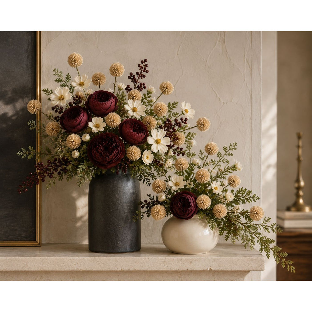 Warm Taupe Beige Pom Pom Chrysanthemum Stems Set of 2, 20 Inch Artificial Silk Flowers for Floral Arrangements