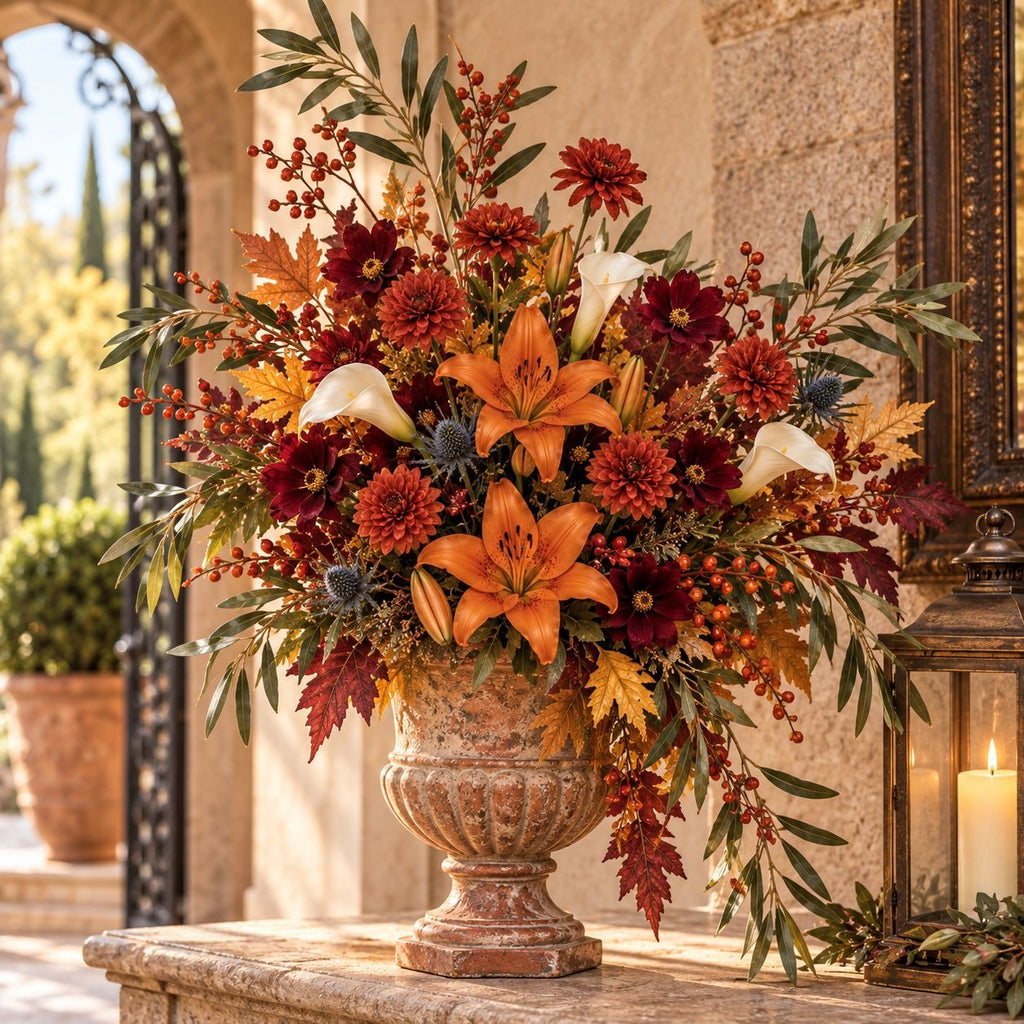 Rust Red Artificial Mum Stems Set of 3, 21-Inch Faux Chrysanthemum