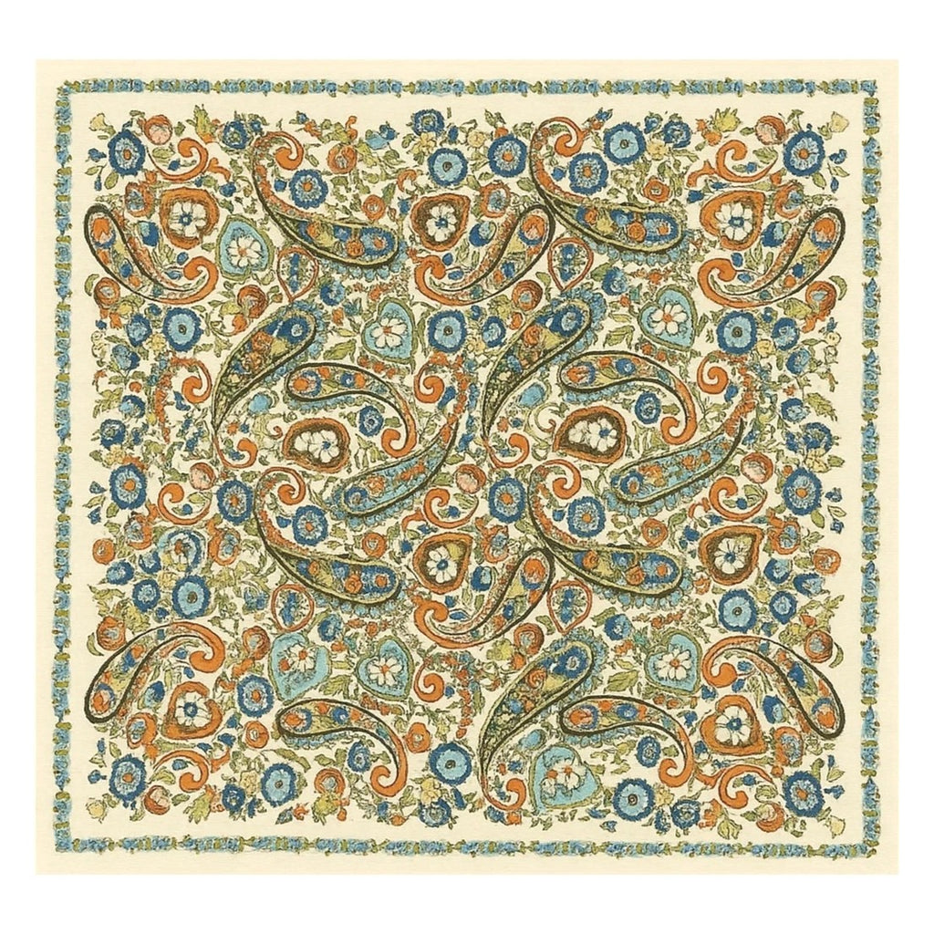 Womens Silk Paisley Floral Scarf Blue Orange Green Square Neck Head Bag Scarf Boho Western 20x20 Inch