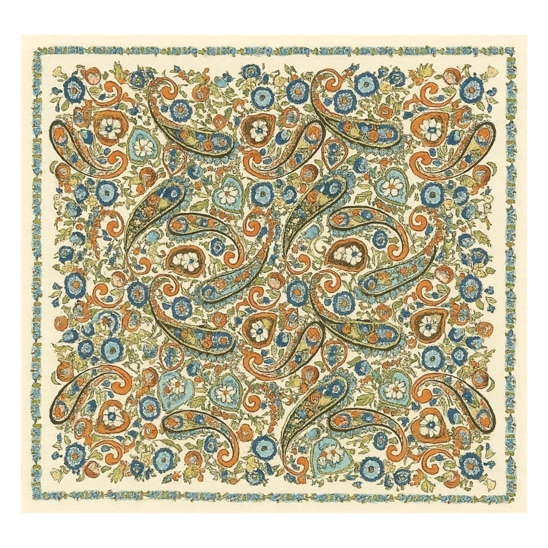 Womens Silk Paisley Floral Scarf Blue Orange Green Square Neck Head Bag Scarf Boho Western 20x20 Inch