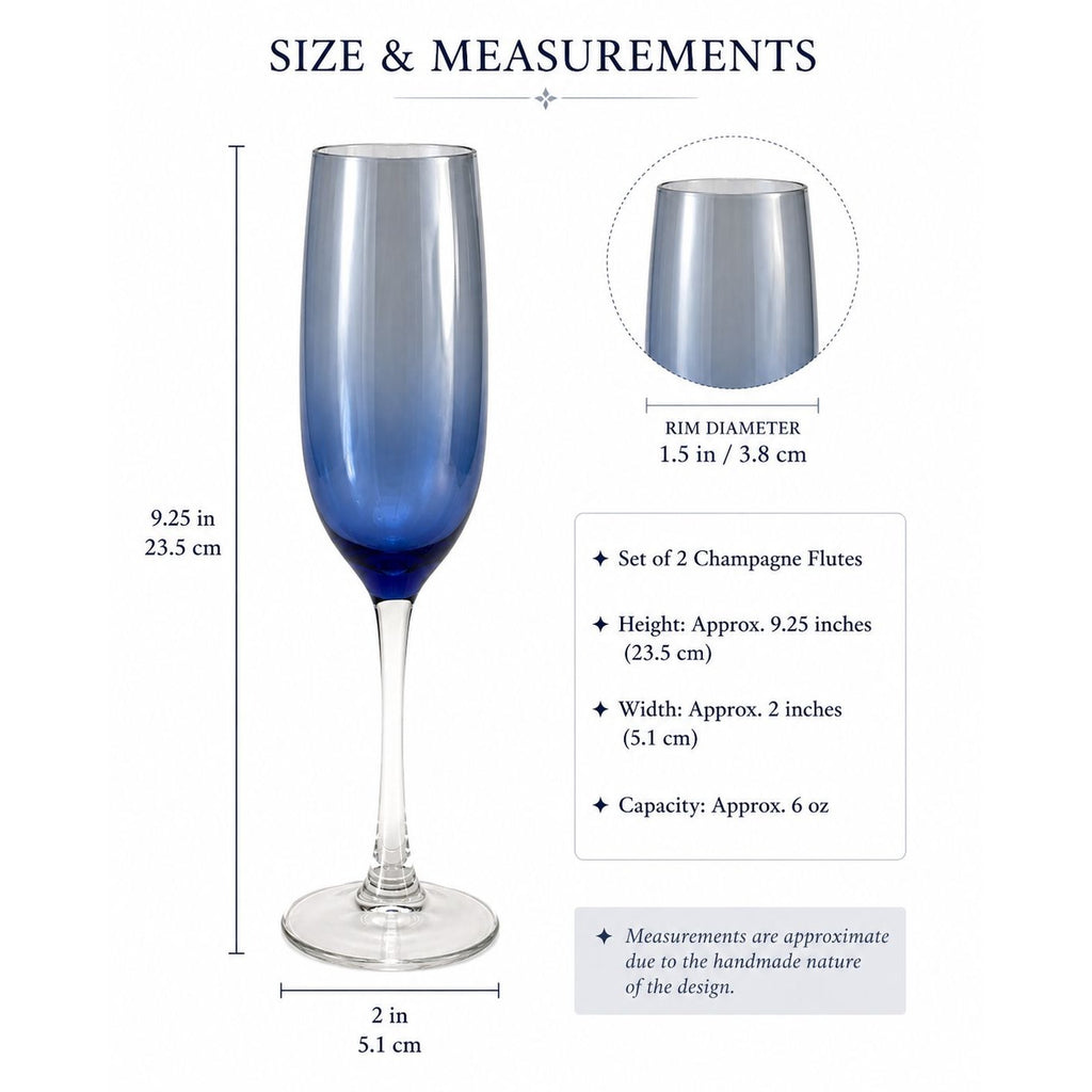 Blue champagne flute with size and measurement details on a white background