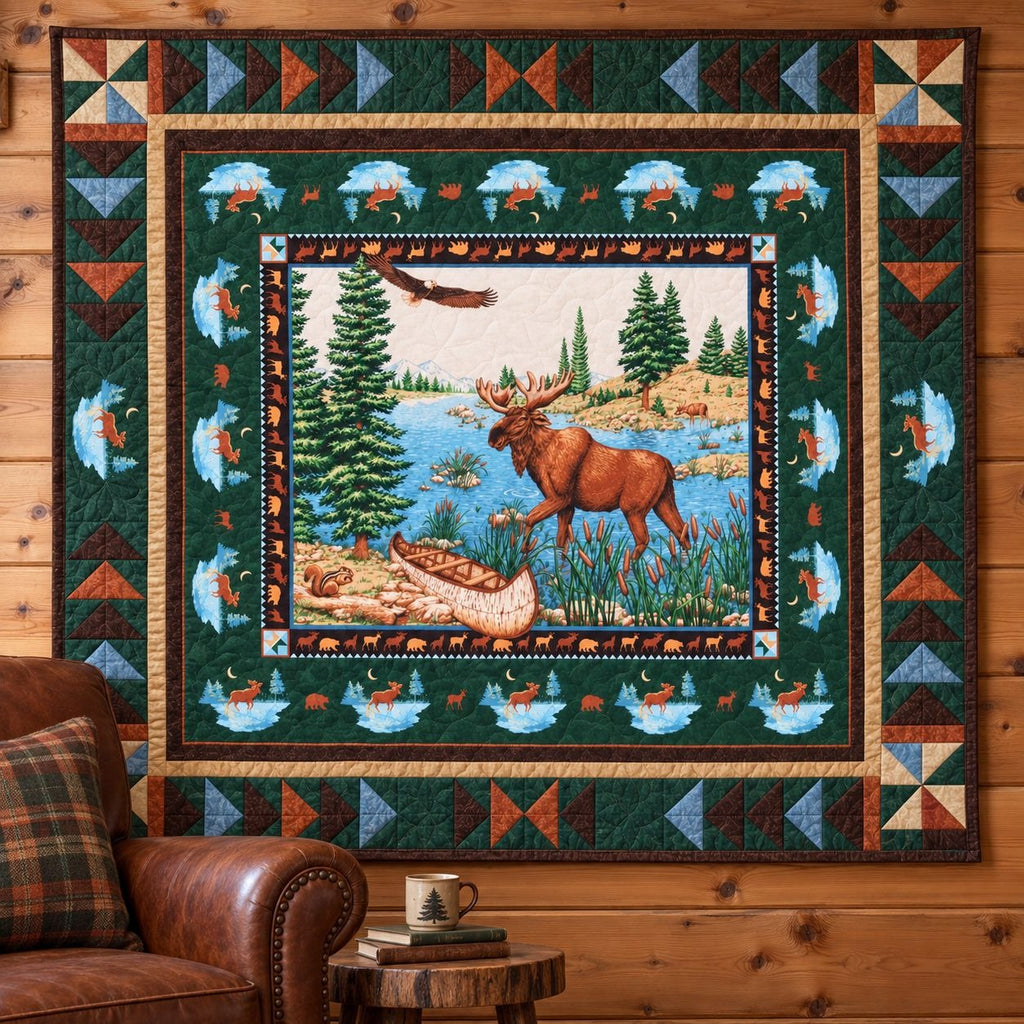 A large quilted wall hanging with a rustic forest and moose scene, displayed on a wood-paneled wall above a brown leather armchair and small wooden side table.