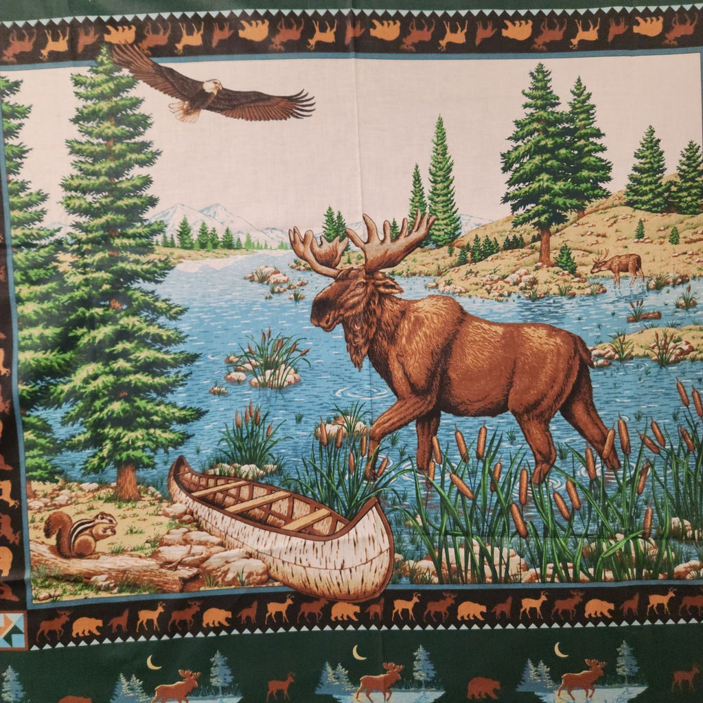 Vintage 1990s Springs Moose Lake Cotton Fabric Panel 44 x 35 Wildlife Quilt