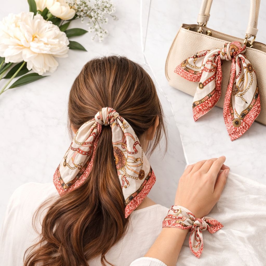 Pink Medallion Satin Scarf 20x20 Women's Hair Tie Neck Wrist Wrap