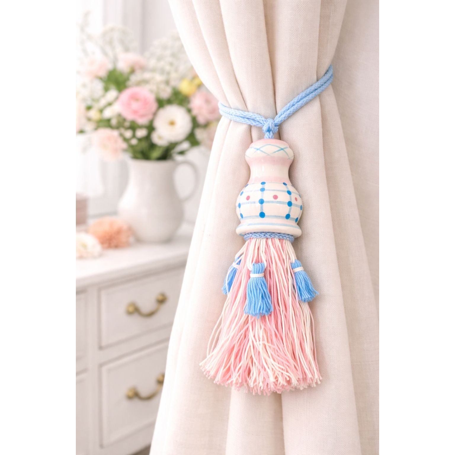 Vintage Ganz Bella Casa Tassel Ornament Ceramic Pastel Curtain Tieback Pink Blue Hanging Decor