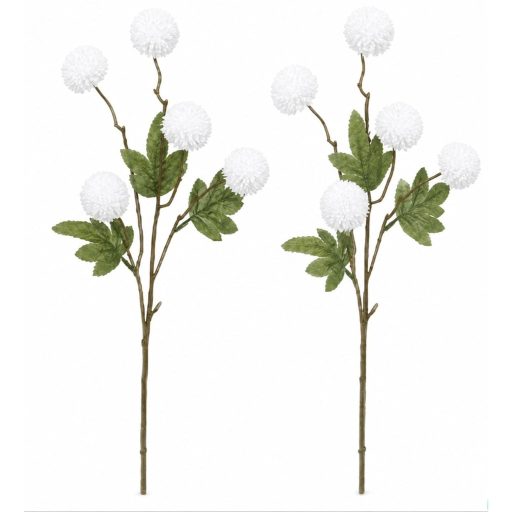 White Pom Pom Chrysanthemum Stems Set of 2, 20 Inch Artificial Silk Flowers for Floral Arrangements