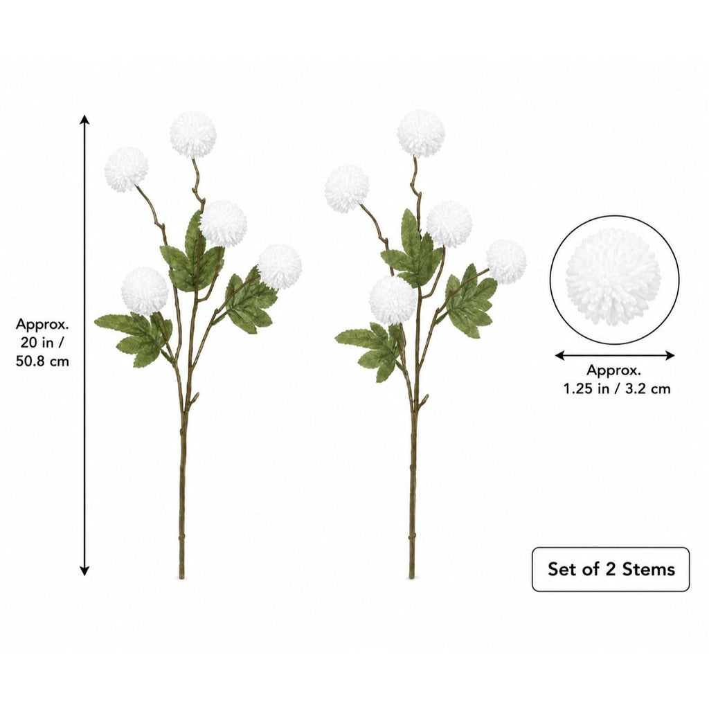 Two artificial white pom-pom flower stems with green leaves on brown stems, shown on a white background with height and diameter measurements and a note indicating a set of 2 stems.
