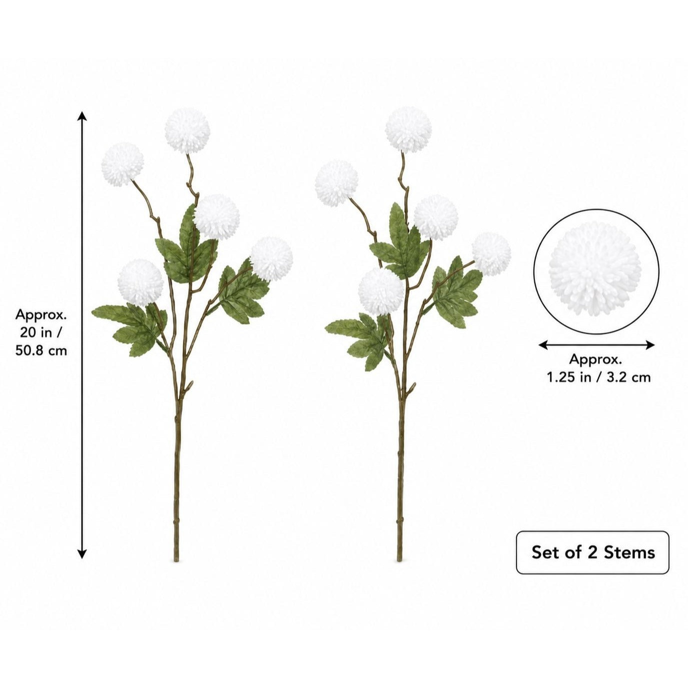Two artificial white pom-pom flower stems with green leaves on brown stems, shown on a white background with height and diameter measurements and a note indicating a set of 2 stems.