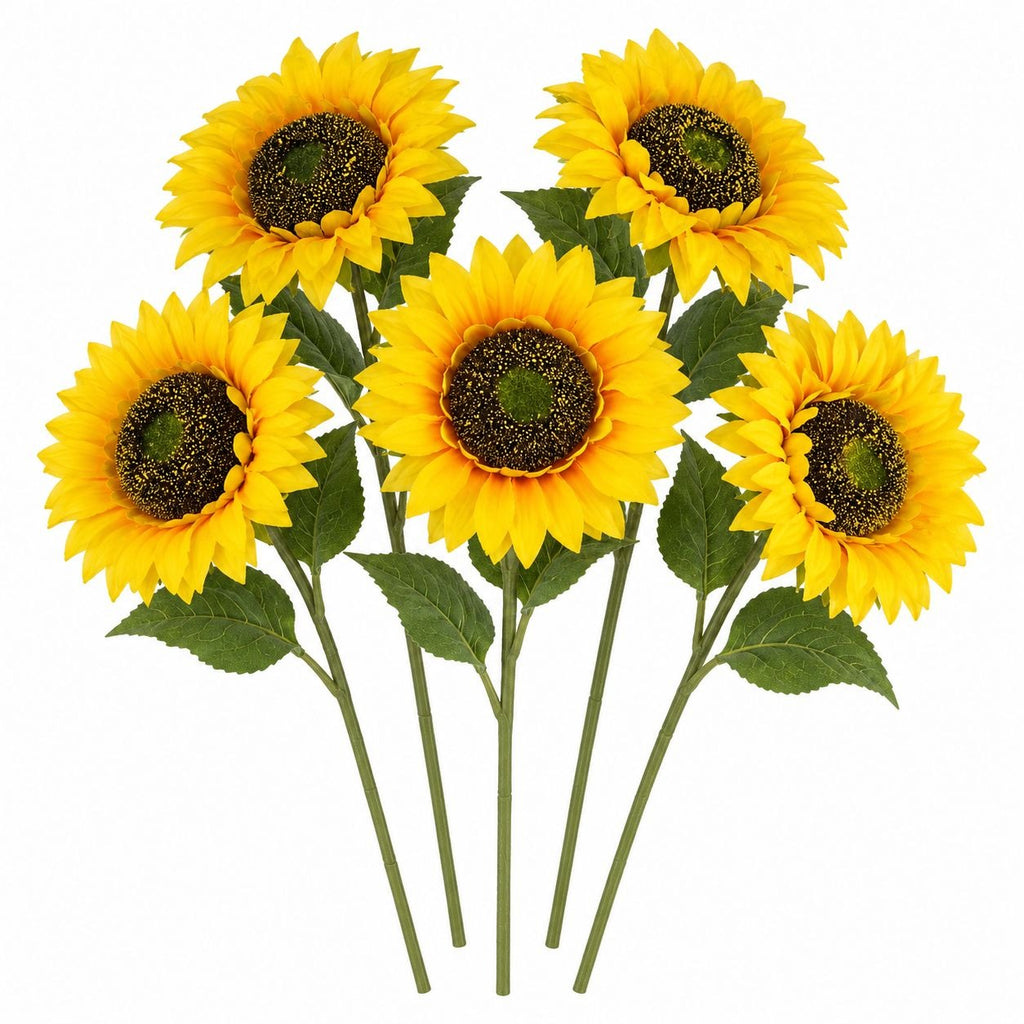 Artificial Yellow Sunflower Stems, Set of 5, 18 Inch with 5 Inch Blooms