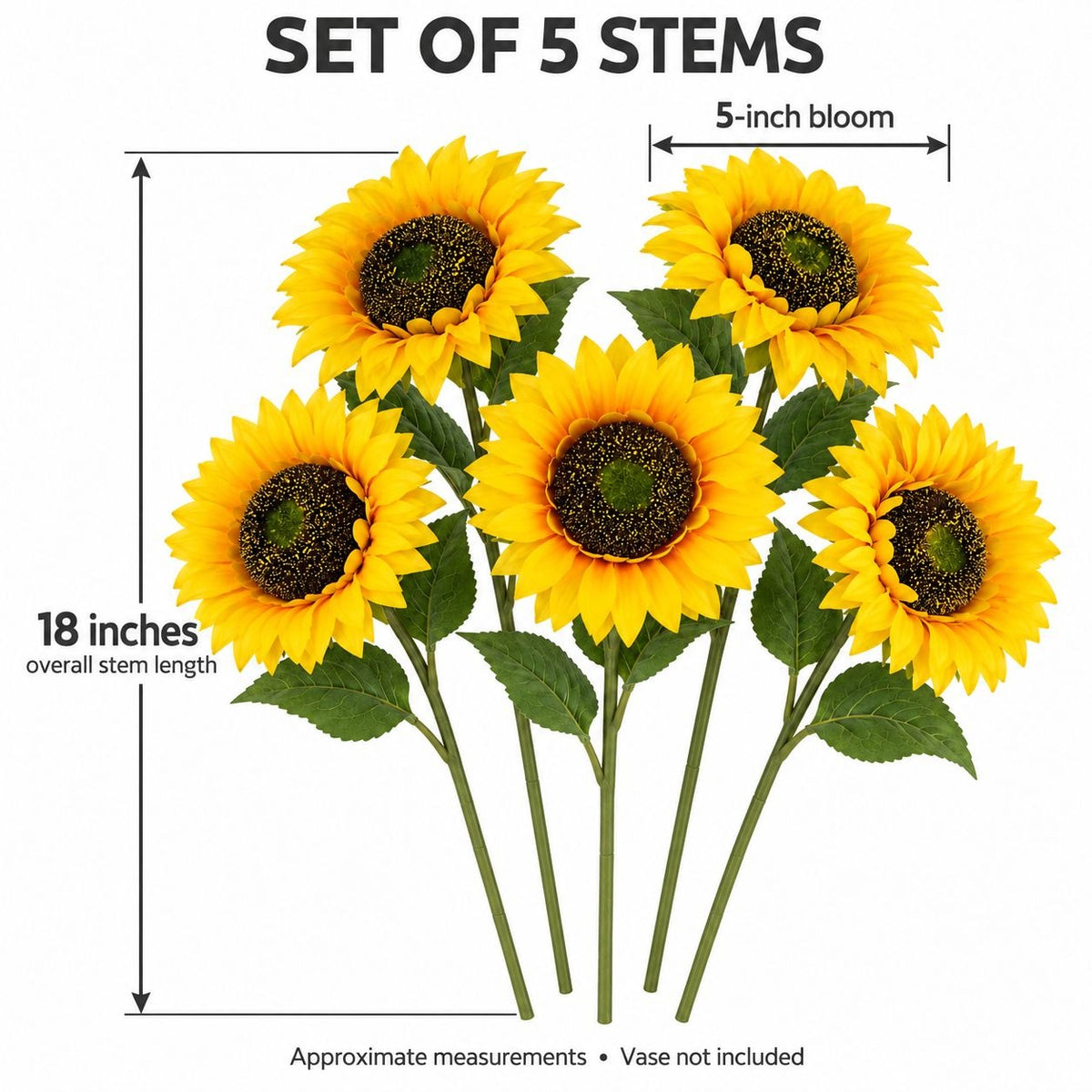 Artificial Yellow Sunflower Stems, Set of 5, 18 Inch with 5 Inch Blooms