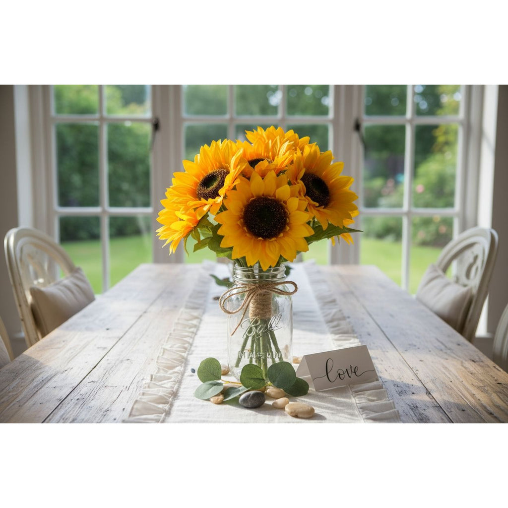 Artificial Yellow Sunflower Stems, Set of 5, 18 Inch with 5 Inch Blooms