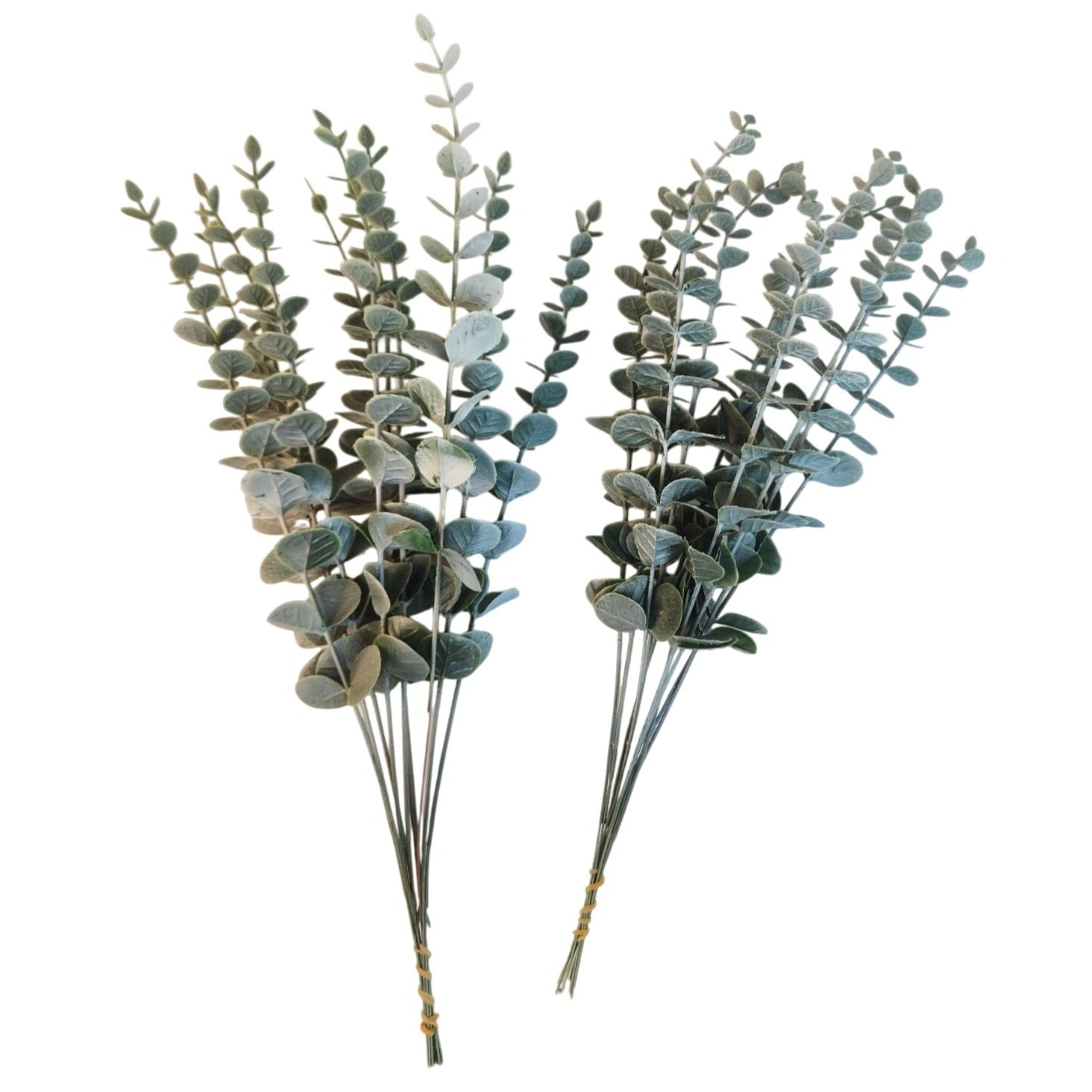 Bundle of 20 artificial baby blue eucalyptus stems with rounded leaves and soft blue green tones for floral arrangements