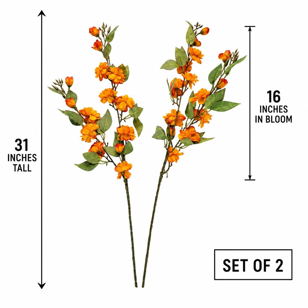 Two artificial orange flower stems with green leaves on a white background, with measurement arrows and text indicating 31 inches tall, 16 inches in bloom, and set of 2.