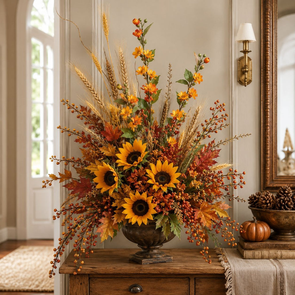 A large autumn floral arrangement in a dark metal urn, featuring sunflowers, wheat stalks, orange berries, and fall leaves, displayed on a wooden console table in a decorated room.