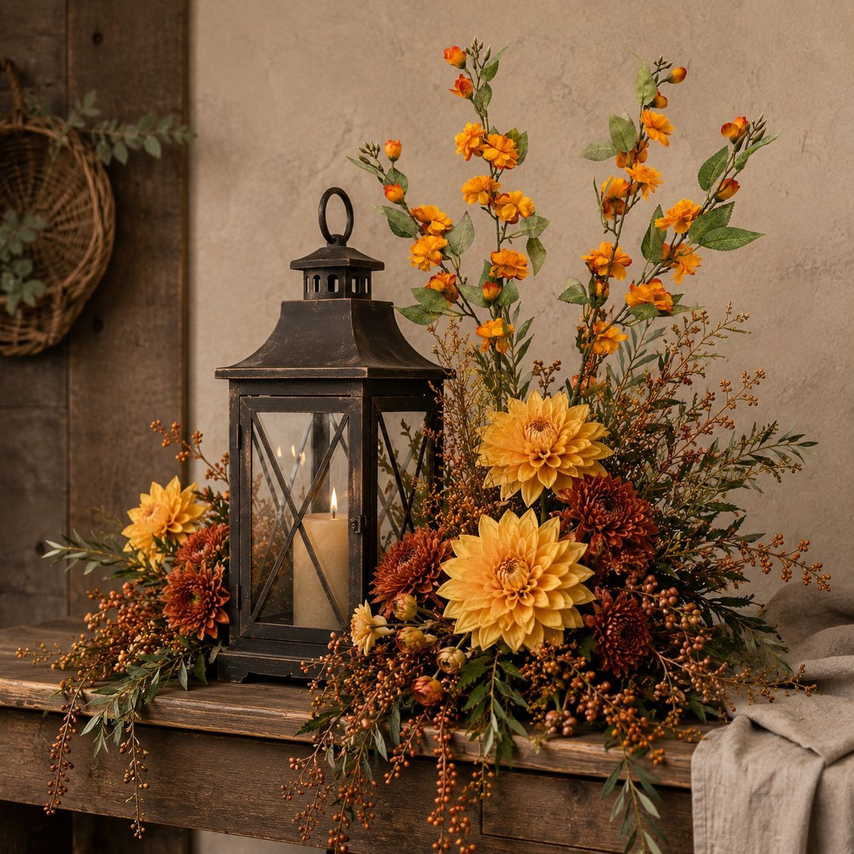 An autumn floral arrangement featuring large yellow dahlia flowers, orange blossoms, and dark red berries, styled with a black lantern candle on a rustic wooden table against a textured beige wall.