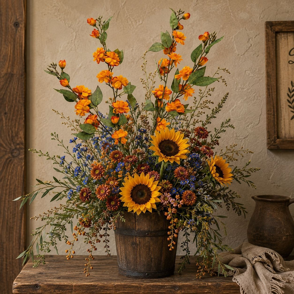 A rustic floral arrangement featuring large yellow sunflowers, orange blossoms, blue wildflowers, and green foliage in a weathered wooden bucket vase, displayed on a wooden table against a textured beige wall.
