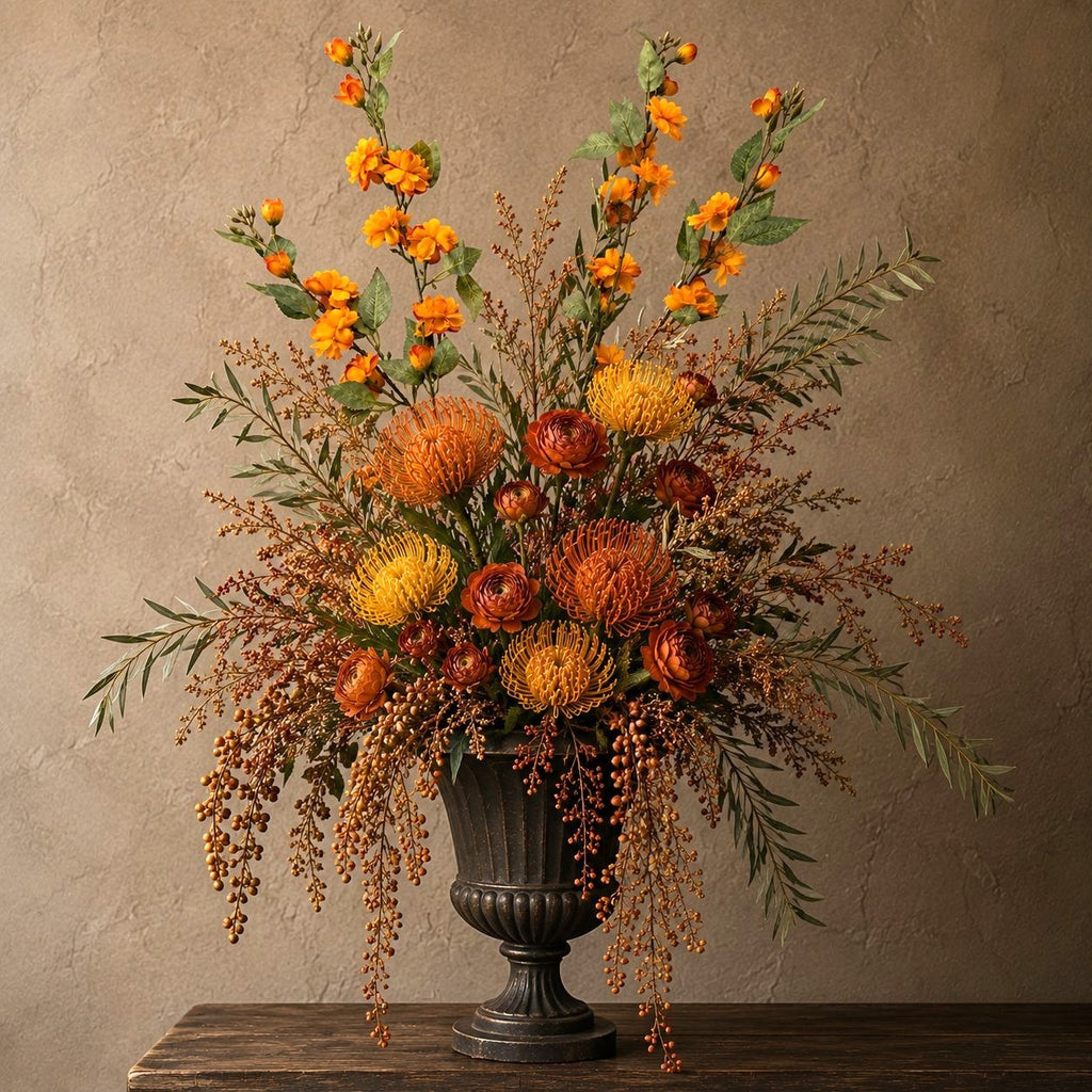 An autumn floral arrangement in a dark metal urn, featuring orange and yellow protea-like flowers, green foliage, and hanging brown berry clusters, set against a textured beige wall on a wooden surface.