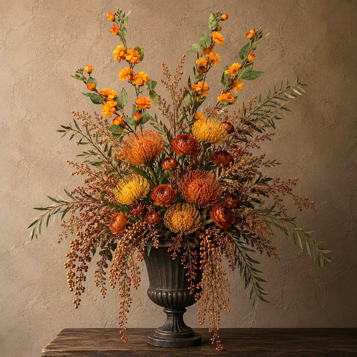An autumn floral arrangement in a dark metal urn, featuring orange and yellow protea-like flowers, green foliage, and hanging brown berry clusters, set against a textured beige wall on a wooden surface.
