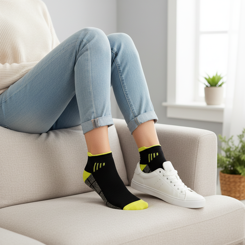Yellow-accent athletic socks worn in a casual lifestyle setting