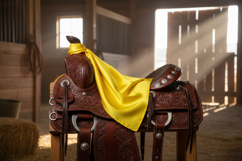 Yellow wild rag 23x23 draped over western saddle with tack