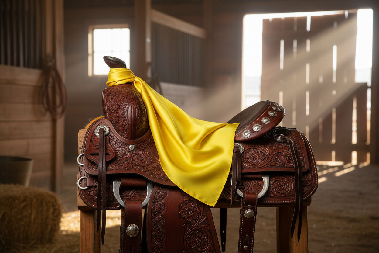 Yellow wild rag 23x23 draped over western saddle with tack