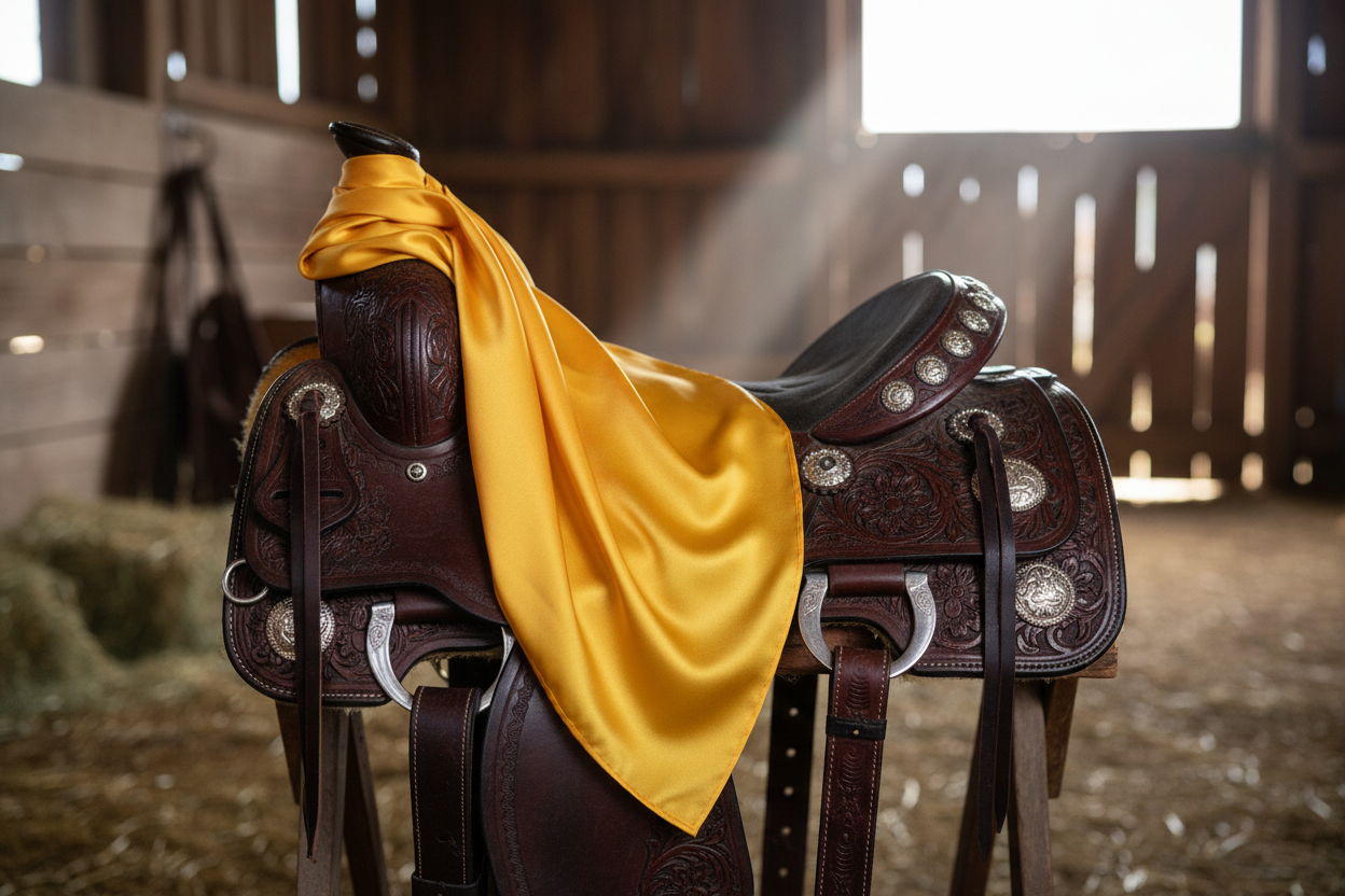Yellow wild rag 23x23 draped over western saddle with tack