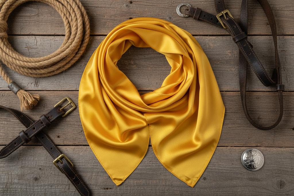 Yellow wild rag 23x23 flat lay on barn wood with western tack