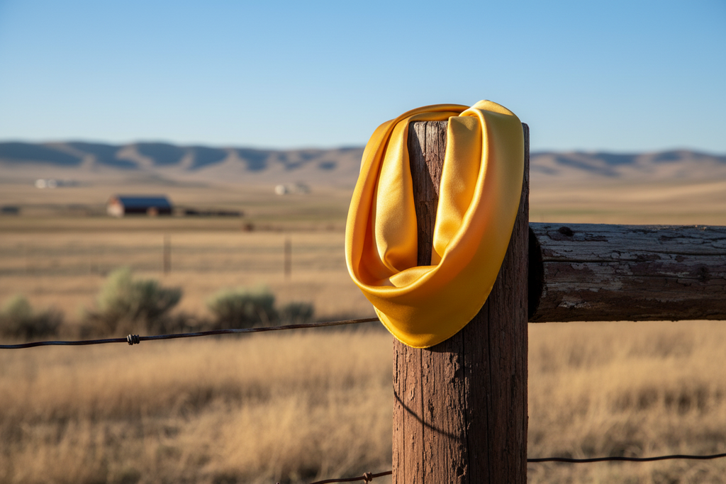 Yellow wild rag 23x23 hanging on fence post ranch background