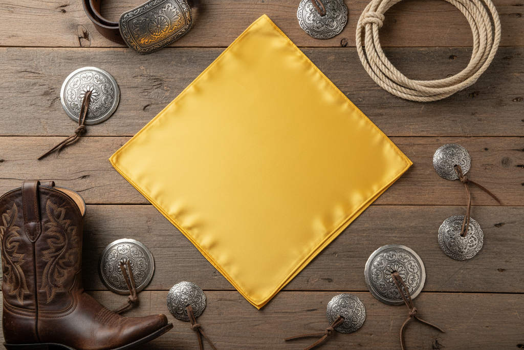Yellow wild rag 23x23 laid flat in square shape with western accessories