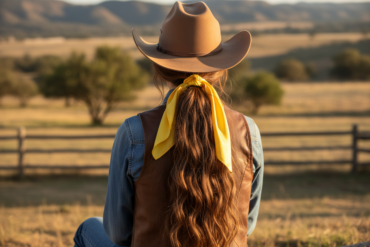 Yellow wild rag 23x23 scarf styled as hair tie on cowgirl