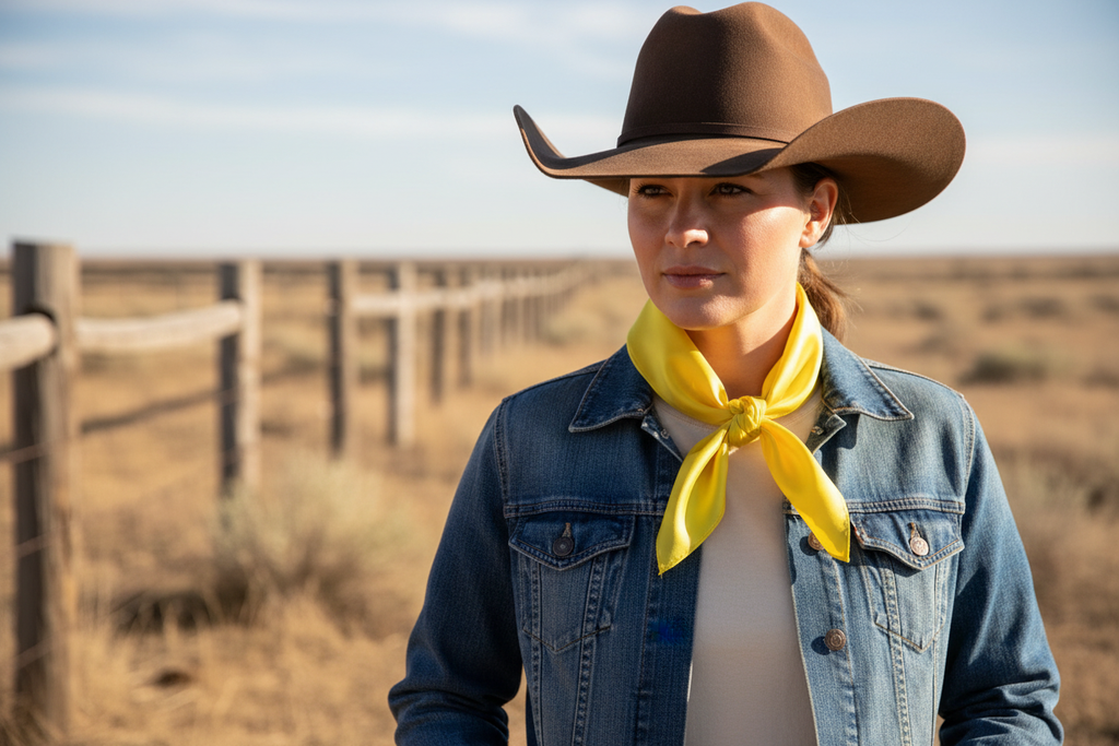 Yellow wild rag 23x23 scarf wrapped around cowgirl's neck