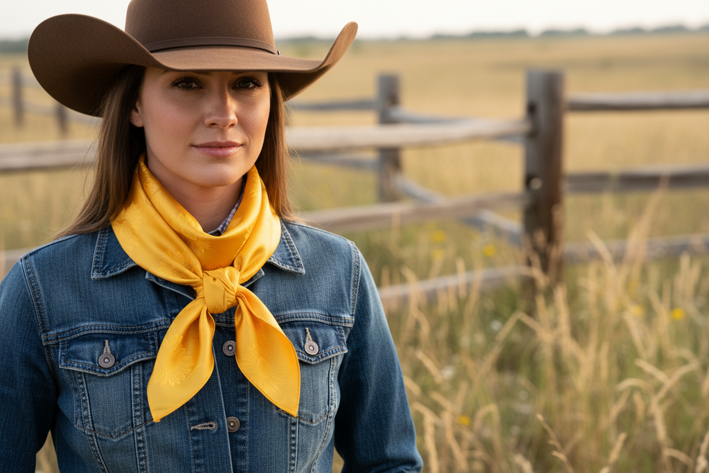 Yellow wild rag 23x23 scarf wrapped around cowgirl's neck