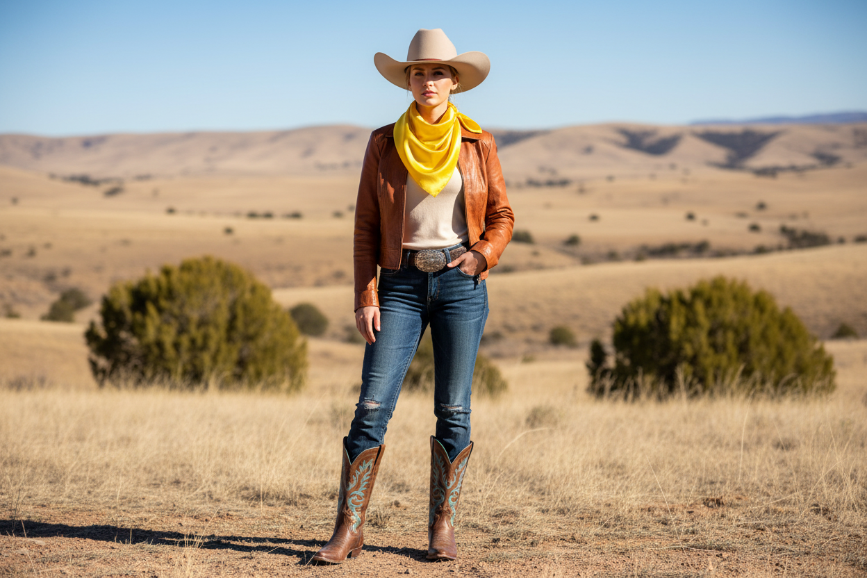 Yellow wild rag 23x23 styled with leather jacket and boots