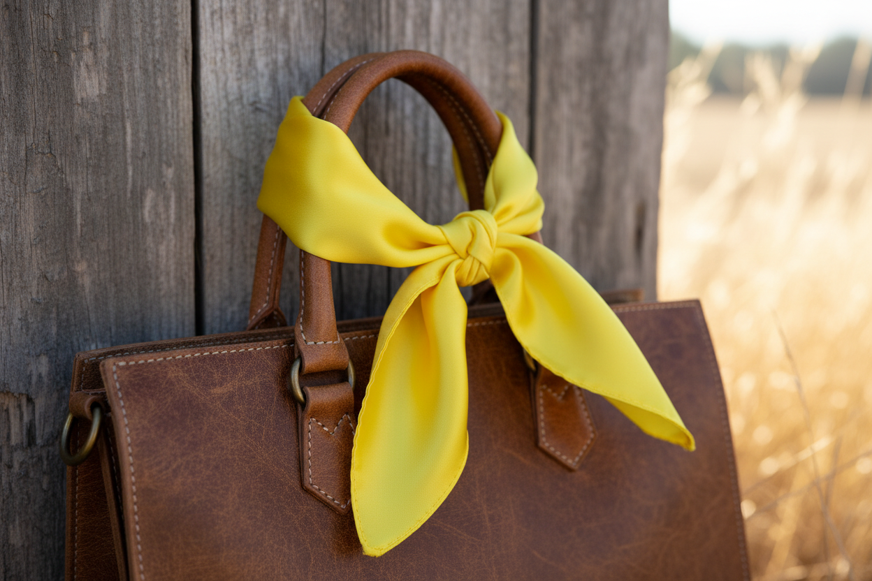 Yellow wild rag 23x23 tied on western leather purse