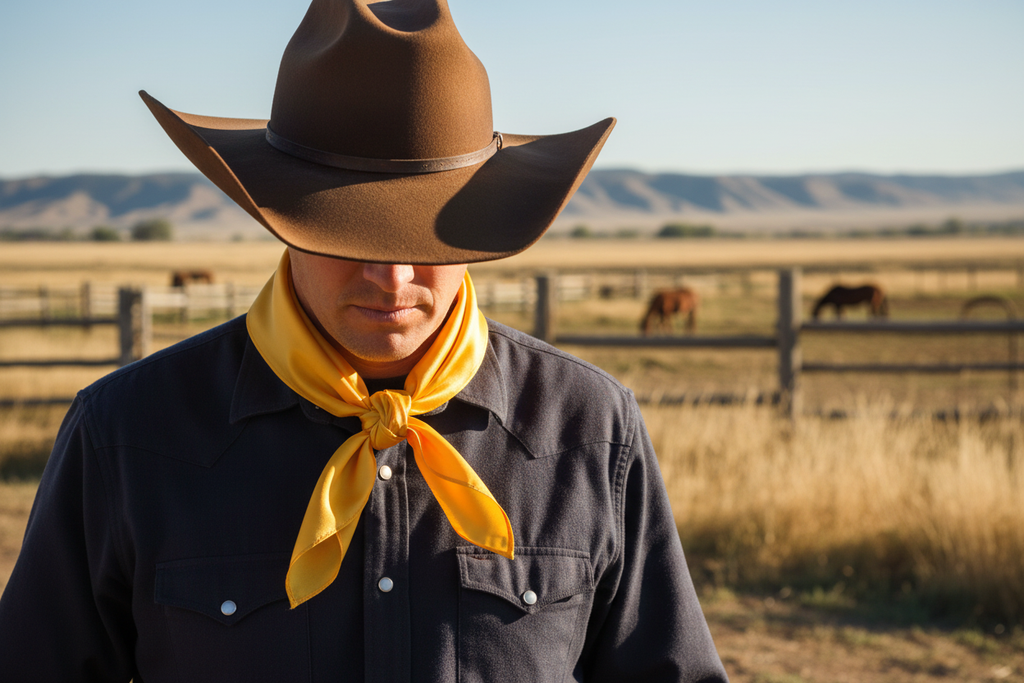 Yellow wild rag 23x23 with cowboy hat simple western style
