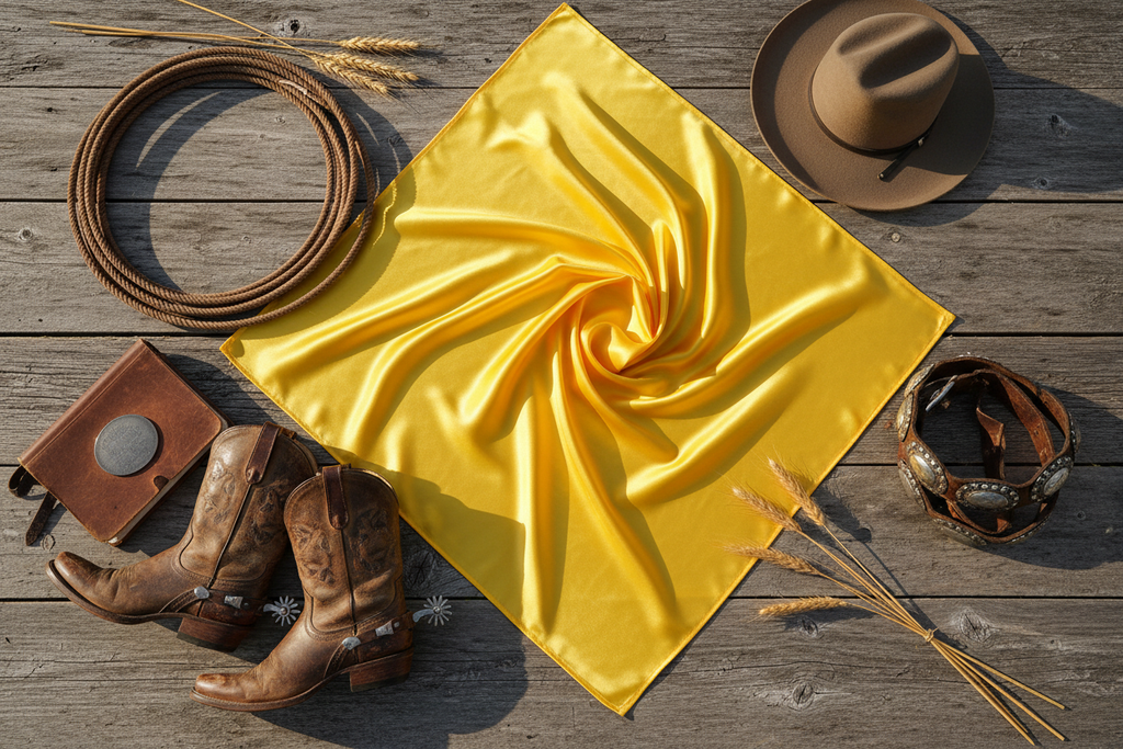 Yellow wild rag scarf flat lay on weathered wood fence
