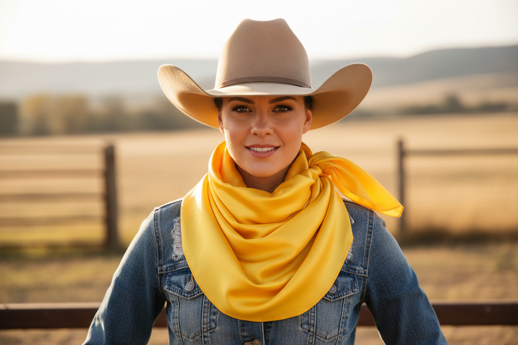 Yellow wild rag scarf worn by cowgirl with denim and hat
