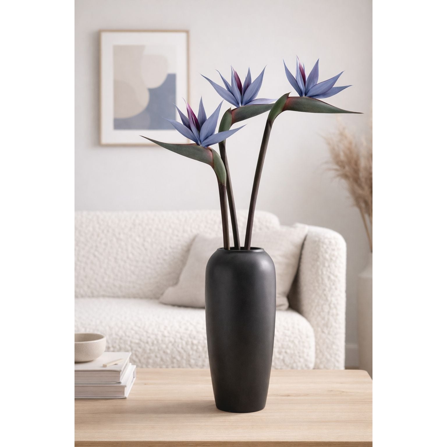 Bird of Paradise Stems Set of 3 Faux Tropical Flowers 30 Inch Tall Moody Blue Purple Artificial Strelitzia Modern Home Decor