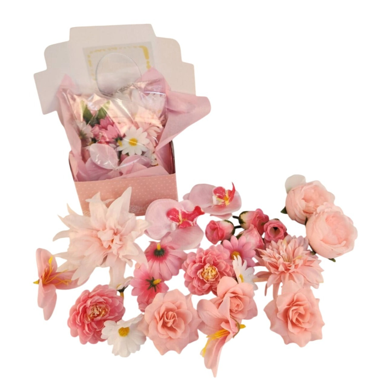 25 Pink Artificial Flower Heads for DIY Crafts – Roses, Daisies, Orchids