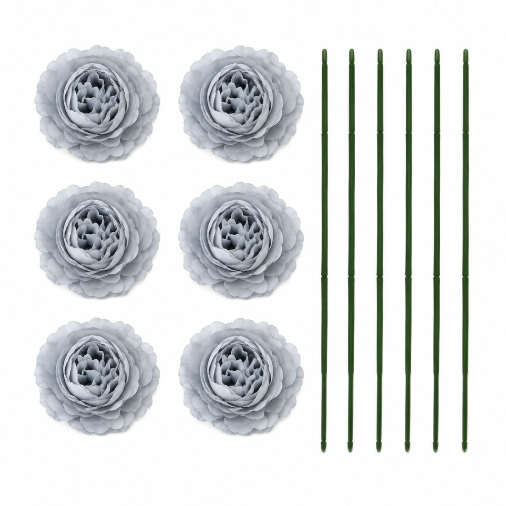 Gray Artificial Peony Ranunculus Flowers Set of 6 with 7 Inch Wire Stems Wreath Centerpiece Floral Craft Supply