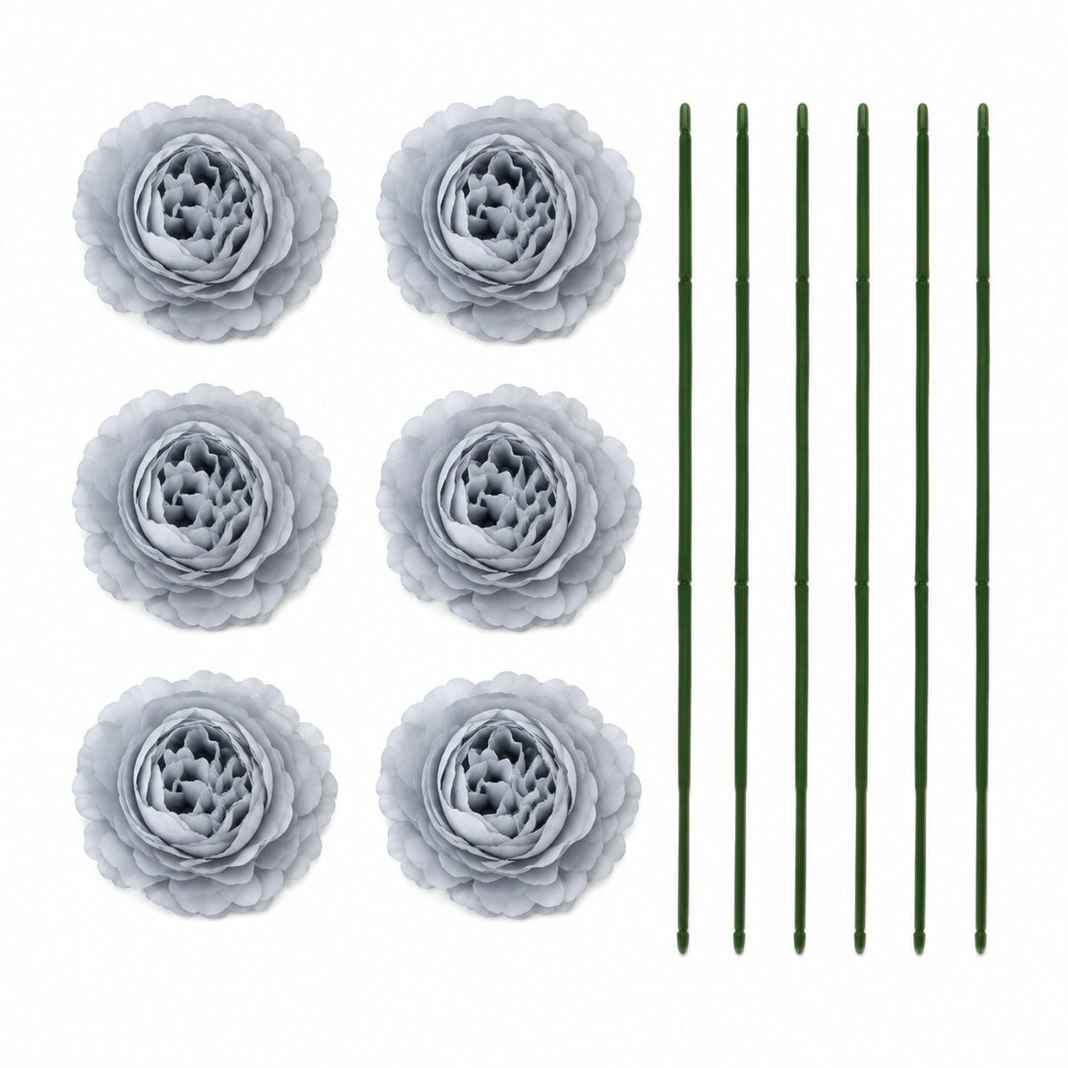 Gray Artificial Peony Ranunculus Flowers Set of 6 with 7 Inch Wire Stems Wreath Centerpiece Floral Craft Supply