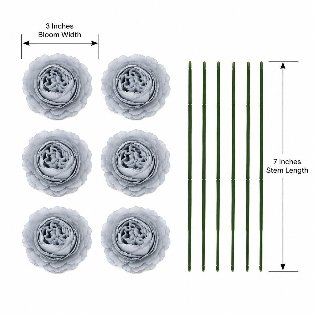 Gray Artificial Peony Ranunculus Flowers Set of 6 with 7 Inch Wire Stems Wreath Centerpiece Floral Craft Supply