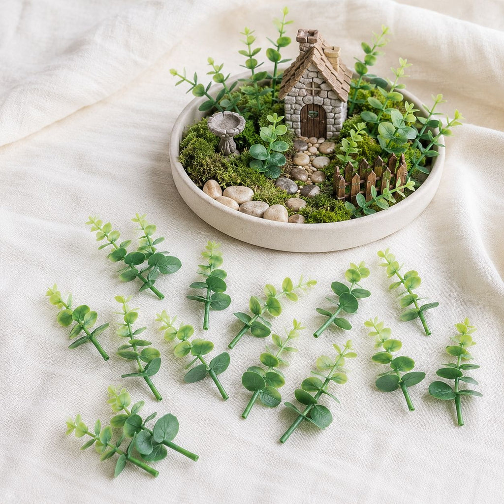 Mini Green and Cream Eucalyptus Sprigs Set of 23 | 5 Inch Soft Touch Faux Greenery Picks for Wreaths Centerpieces