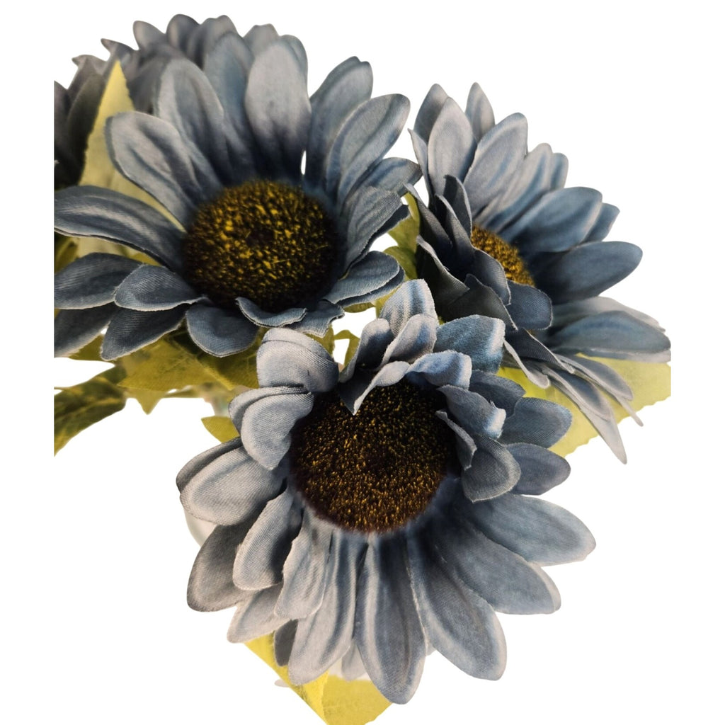 Dusty Blue Faux Silk Sunflower Stems 15 Inch 3 Stem Bunch Artificial Flowers Decor