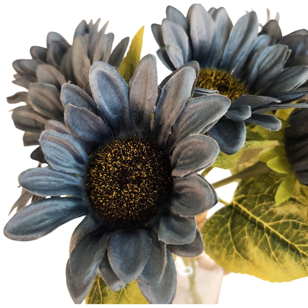Dusty Blue Faux Silk Sunflower Stems 15 Inch 3 Stem Bunch Artificial Flowers Decor